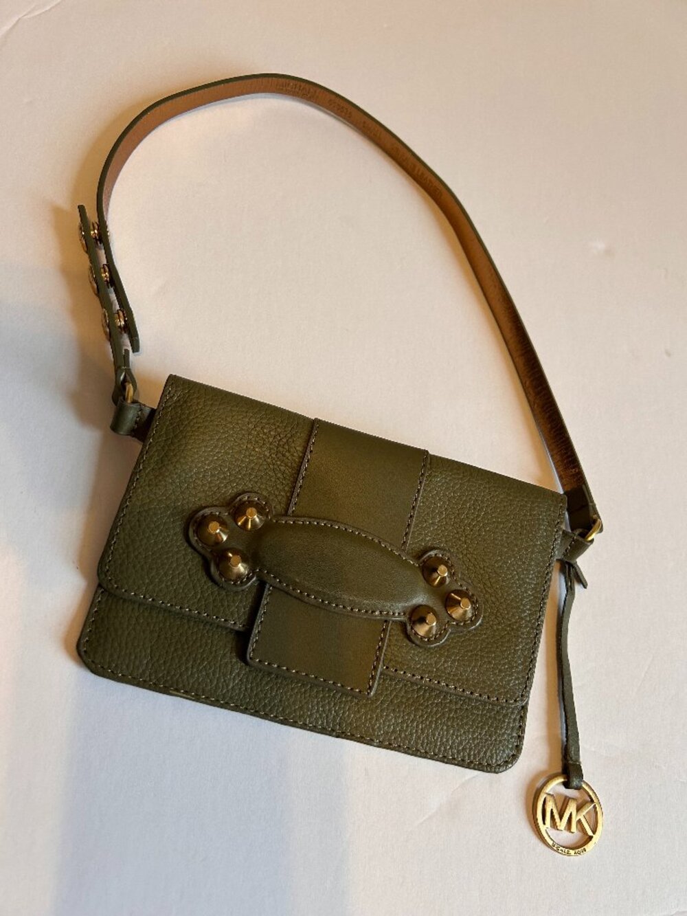 Michael Kors Olive Green Leather Studded Crossbody Bag